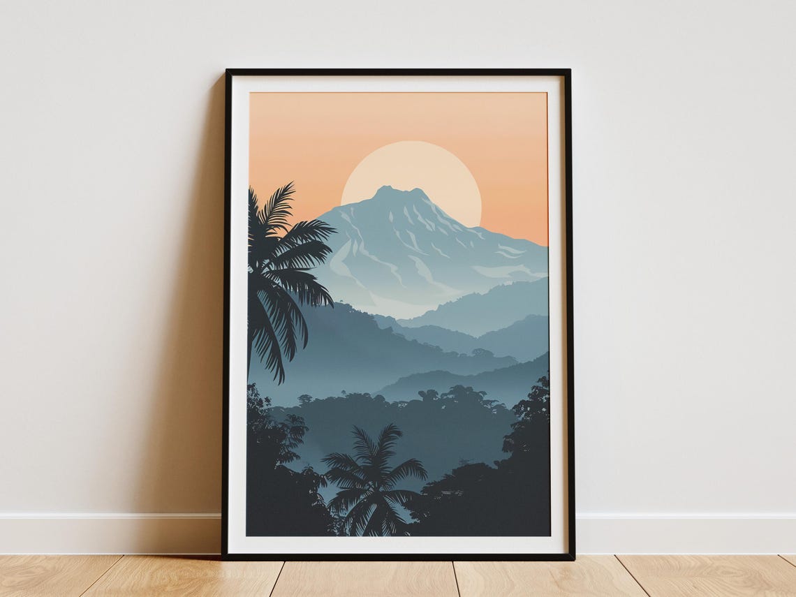 Blue Mountain Peak Sunset Palm Silhouette Pastel Travel Poster