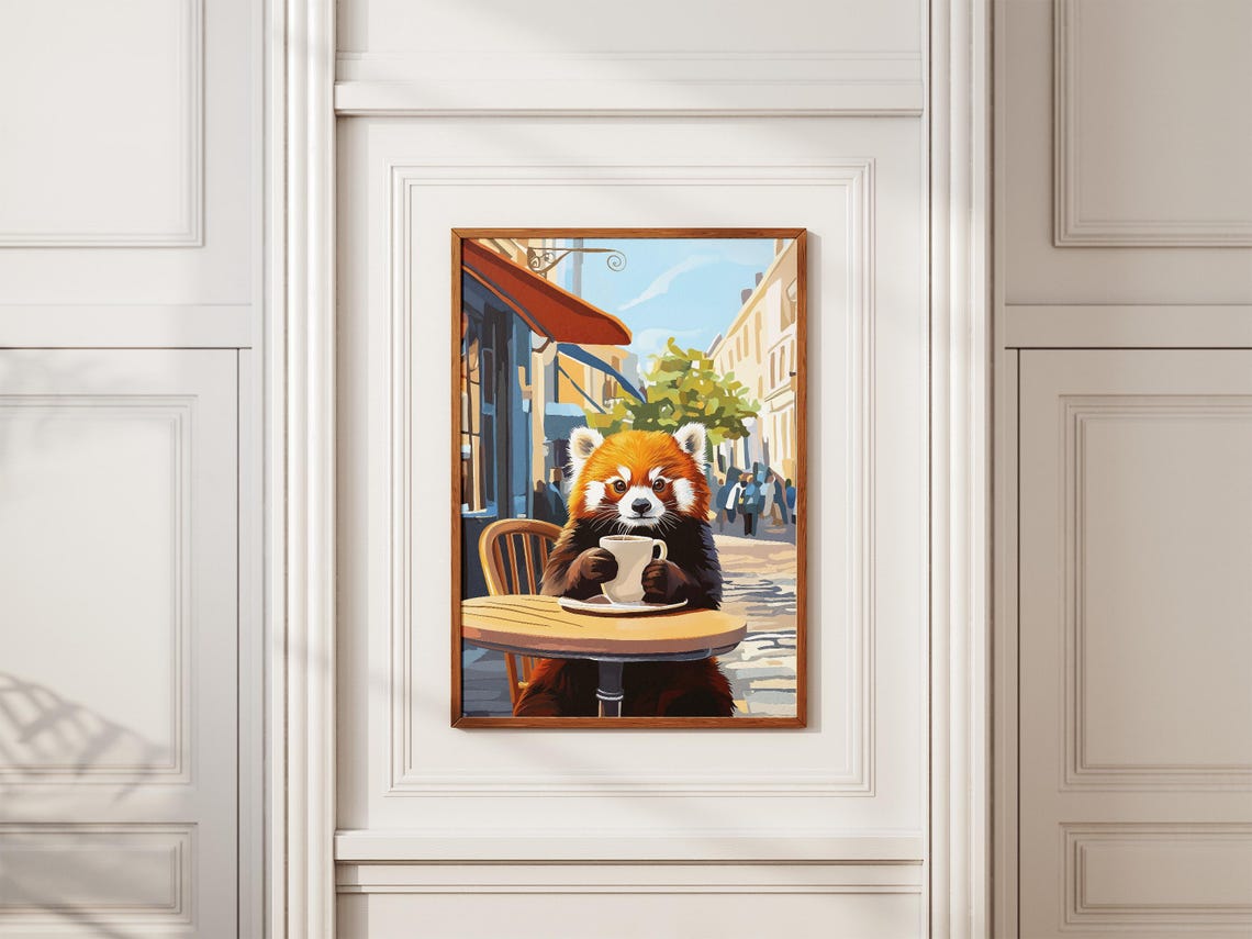 Red Panda Drinking Coffee at Sunny Street Cafe Table Art Poster - Image 2