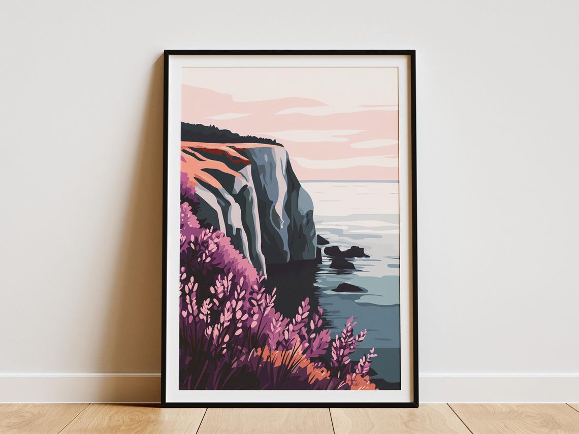 Coastal Cliff at Sunset with Purple Wildflowers and Ocean View Poster