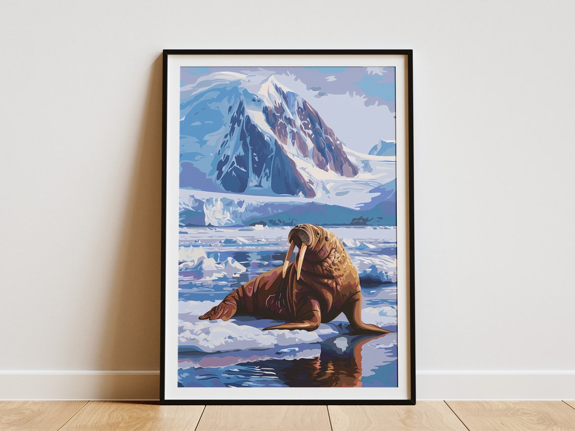 Arctic Walrus Ice Floe Snowy Mountains Blue Geometric Poster