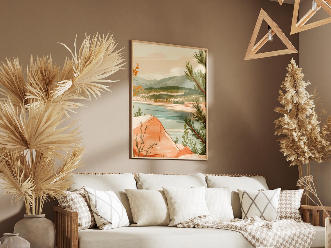 Rocky Shore Calm Lake Warm Mountain Vista Landscape Scene Poster - Image 3