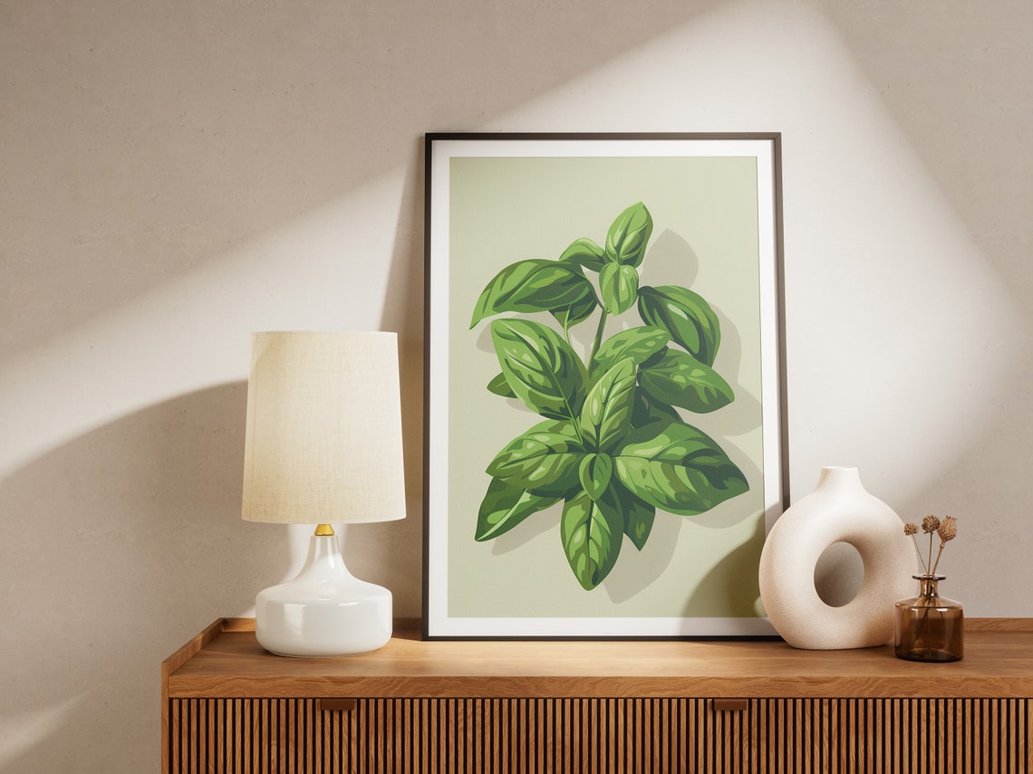 Fresh Basil Bunch Green Kitchen Herb Garden Botanical Art Poster - Image 2