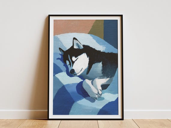 Cozy Sleeping Husky Dog Art Print Modern Matisse Style Abstract Pet Wall Decor Animal Lover Contemporary Home Bedroom