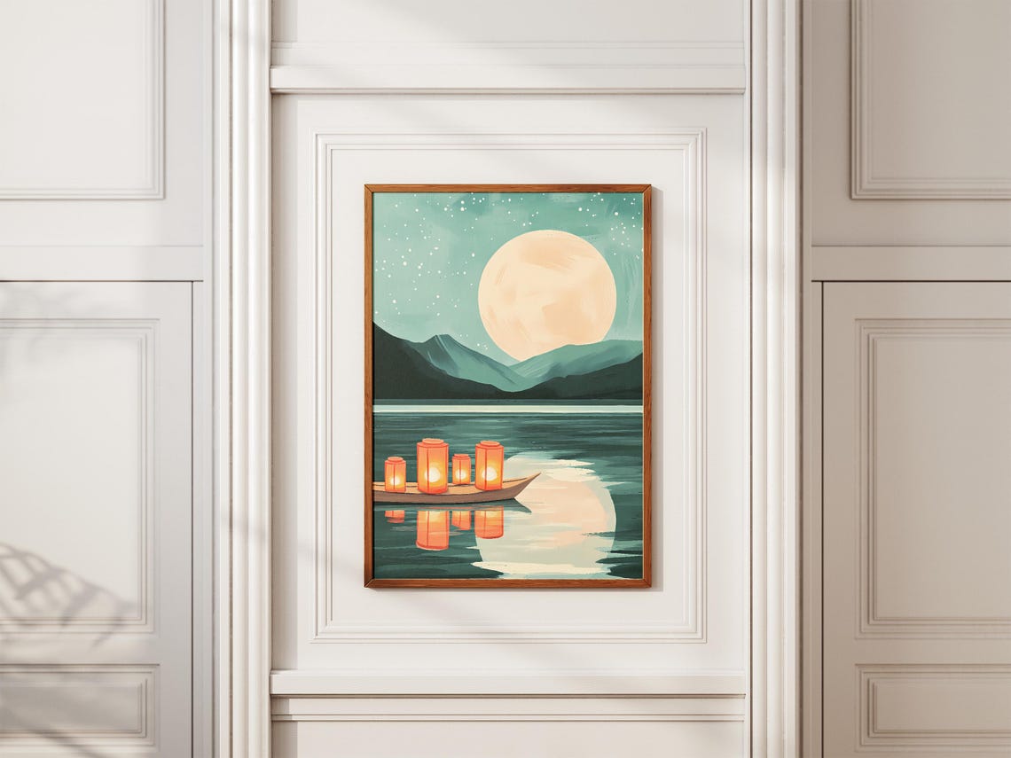 Full Moon Night With Glowing Lanterns on a River Boat Poster - Image 2