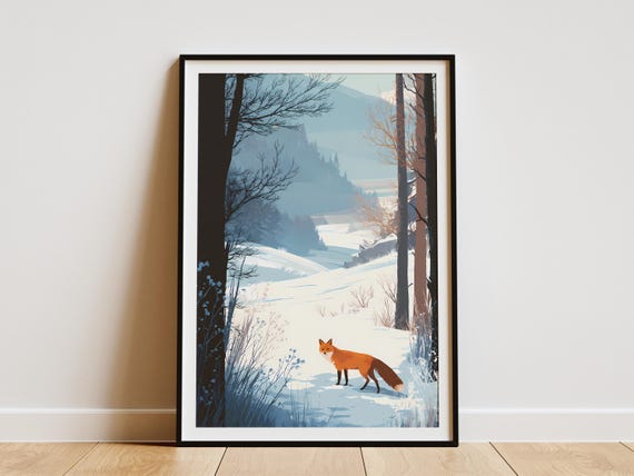 Red Fox Winter Art Print Snowy Forest Clearing Travel Poster Style Minimalist Wildlife Nature Scene Wall Decor Animal