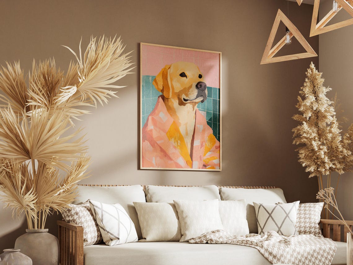 Yellow Labrador Retriever Pink Bathrobe Pastel Bath Art Poster - Image 3
