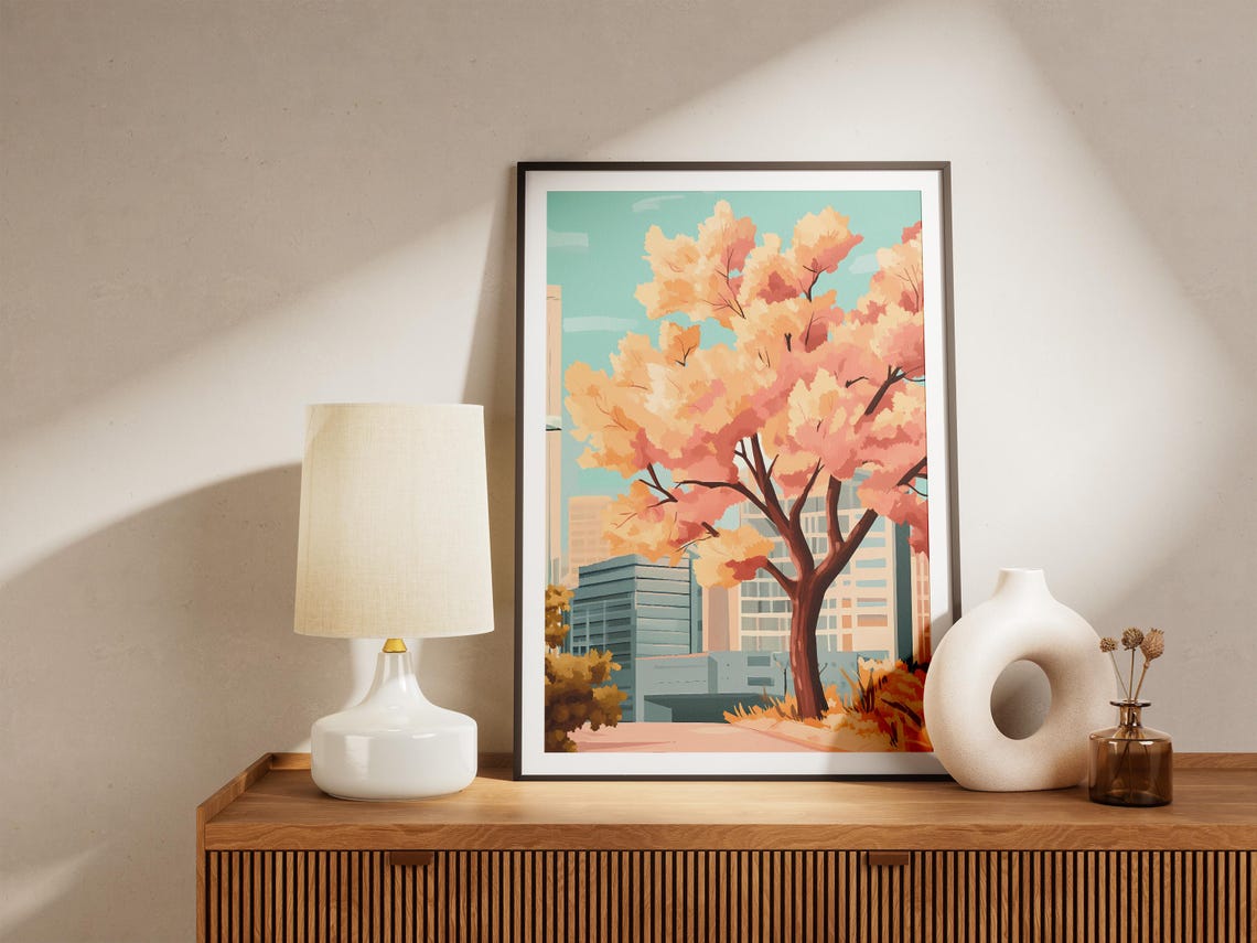 Modern City Towers Behind Blossoming Peach Autumn Tree Art Poster - Image 5