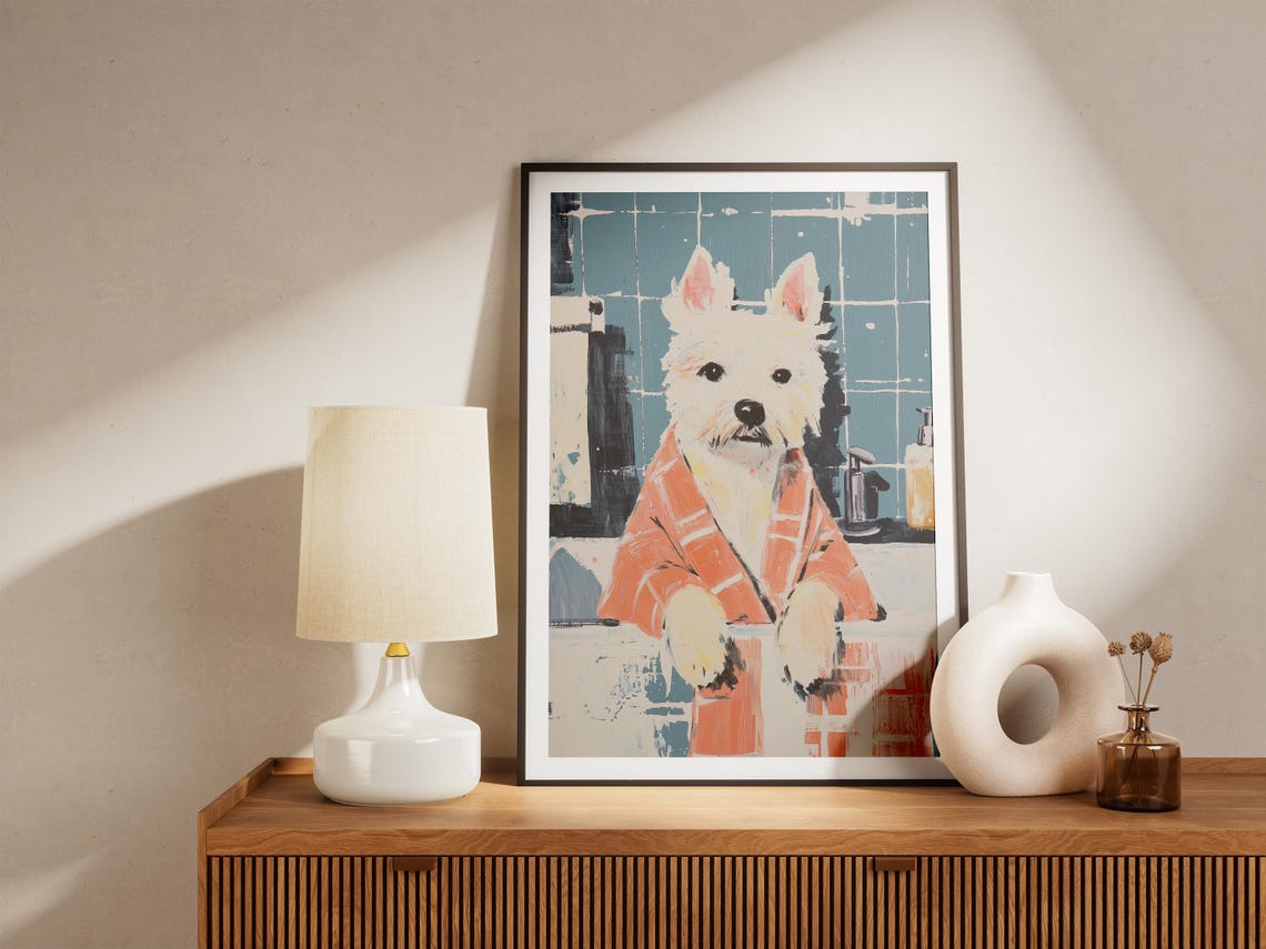 Westie Dog in Orange Plaid Bathrobe Teal Tile Bathroom Poster - Image 5