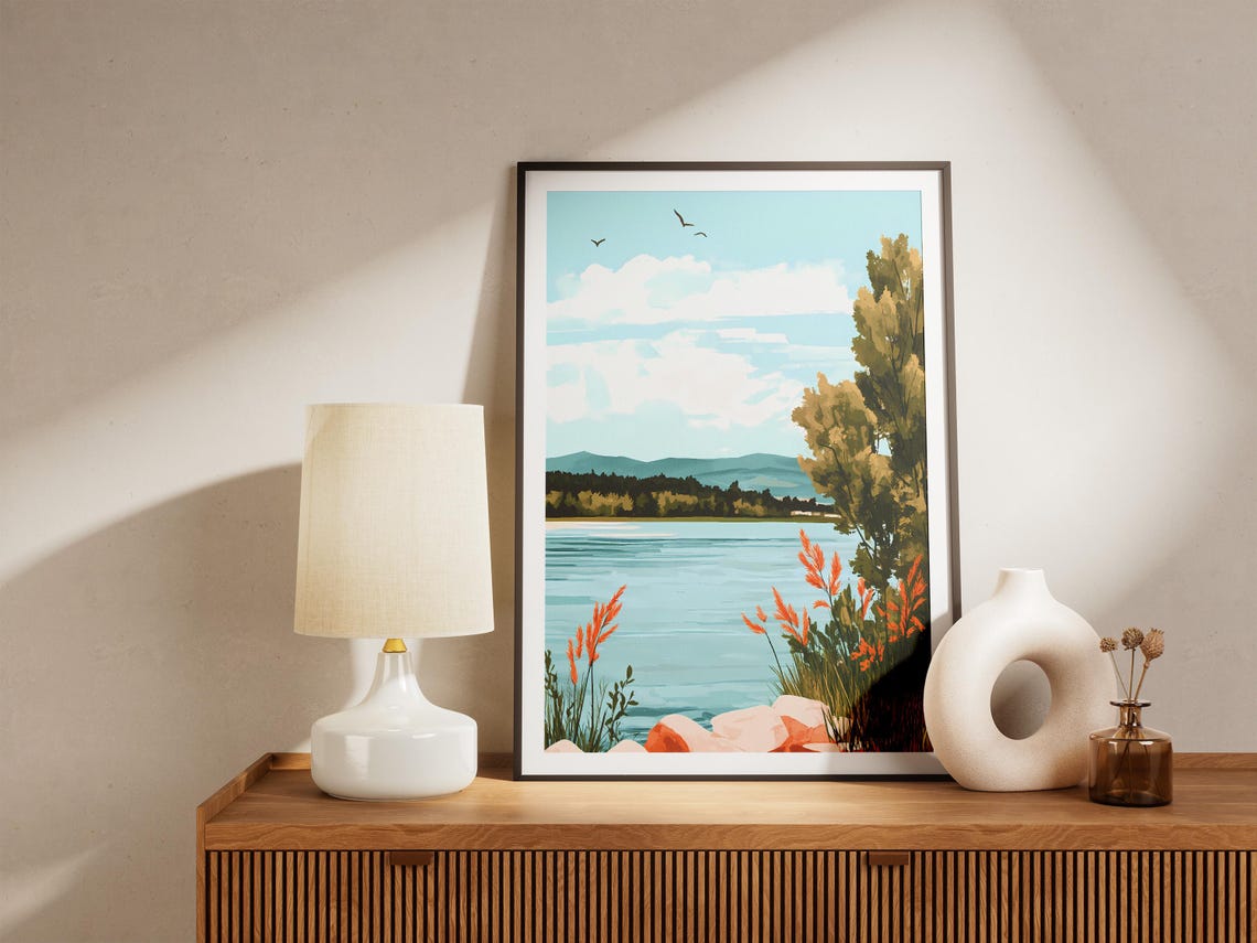 Lakeside Meadow With Red Grasses And Soaring Birds Landscape Poster - Image 5