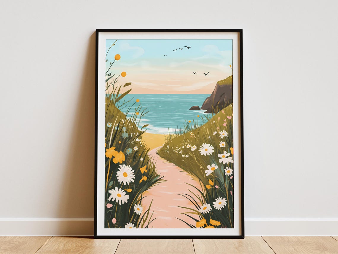 Wildflower Path With Daisies Leading Down to a Turquoise Beach Poster