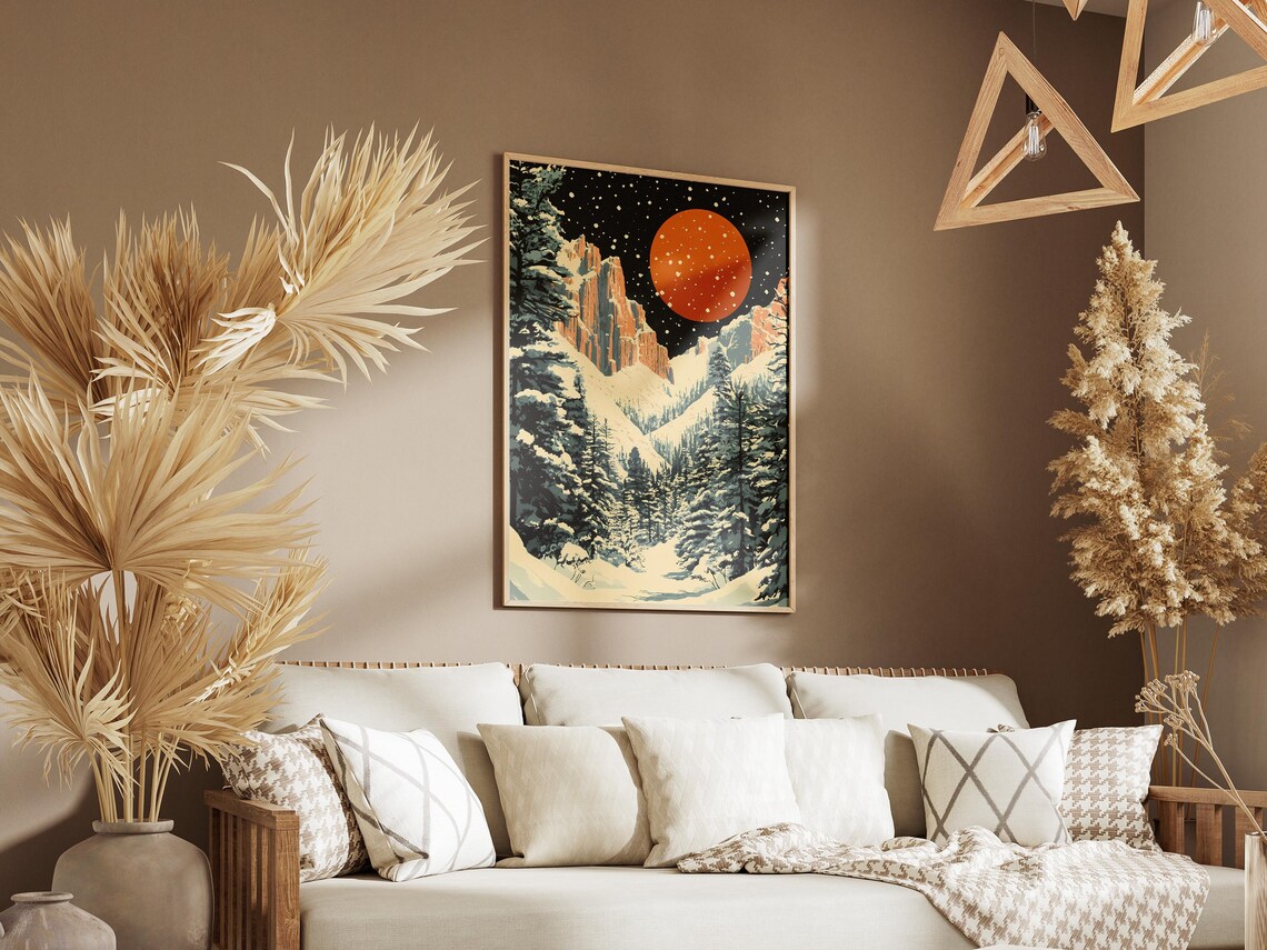 Snowy Canyon Under Orange Moon Winter Night Landscape Art Poster - Image 3