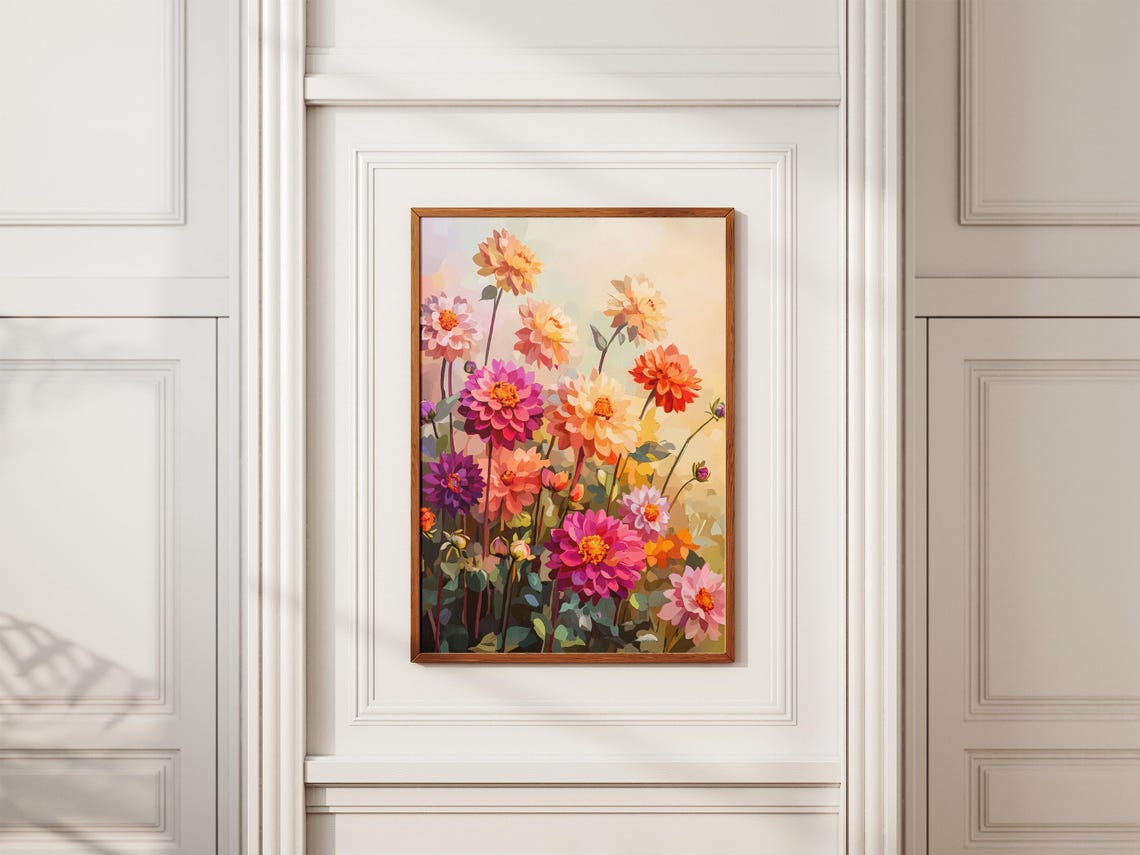 Dahlia Garden Posterfloral Art Printblooming Flowerssummer Gardenbotanical Illustrationcolorful Dahliaspink Flowersorange Dahliaspurple - Image 2