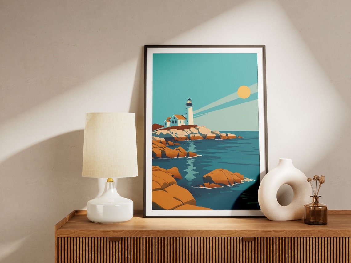 White Lighthouse on Rocky Turquoise Coast Retro Travel Poster - Image 2
