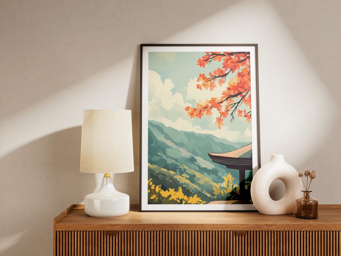 Japanese Pagoda Roof With Red Maple Over Mountain Valley Poster - Image 5