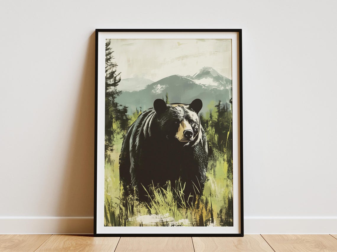 Black Bear in a Forest Clearing Mountain Landscape Art Poster
