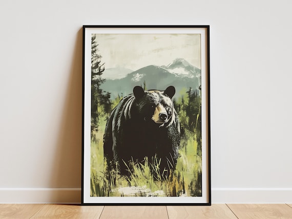 Black Bear in a Forest Clearing Mountain Landscape Art Poster