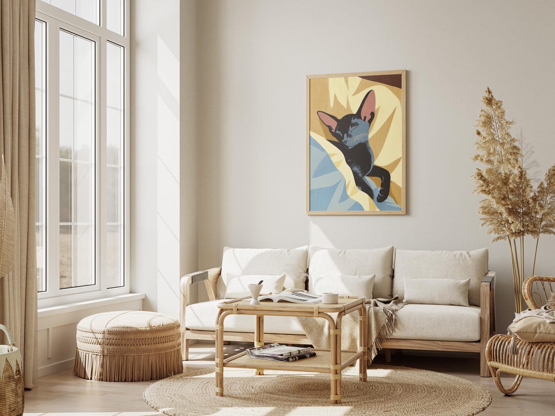 Sleeping Black Oriental Shorthair Cat Minimalist Yellow Poster - Image 3