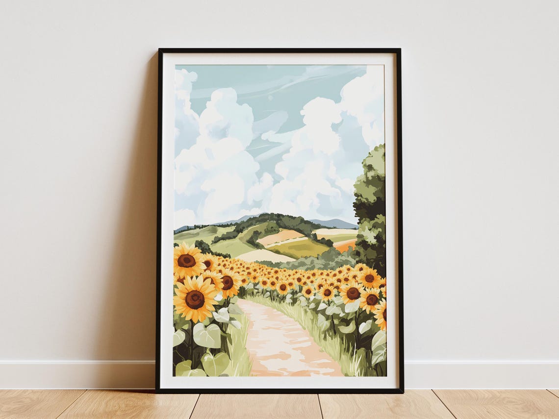 Sunflower Field Path Through Rolling Green Hills Summer Poster