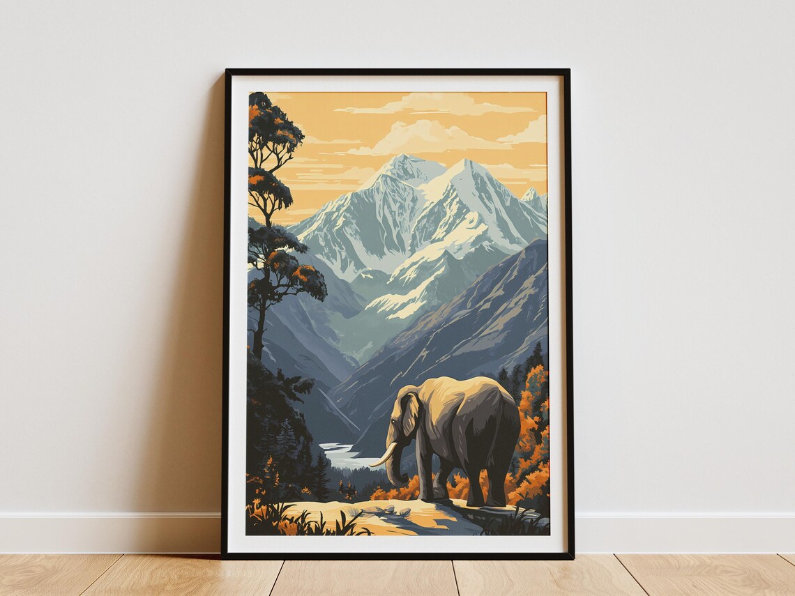 Elephant Gazing At Snow Capped Himalayan Peaks Vintage Poster