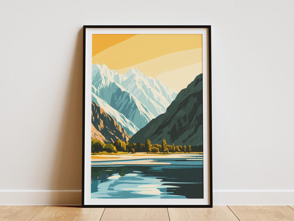 Hunza Valley Pakistan Snow Peaks River Reflection Poplar Poster