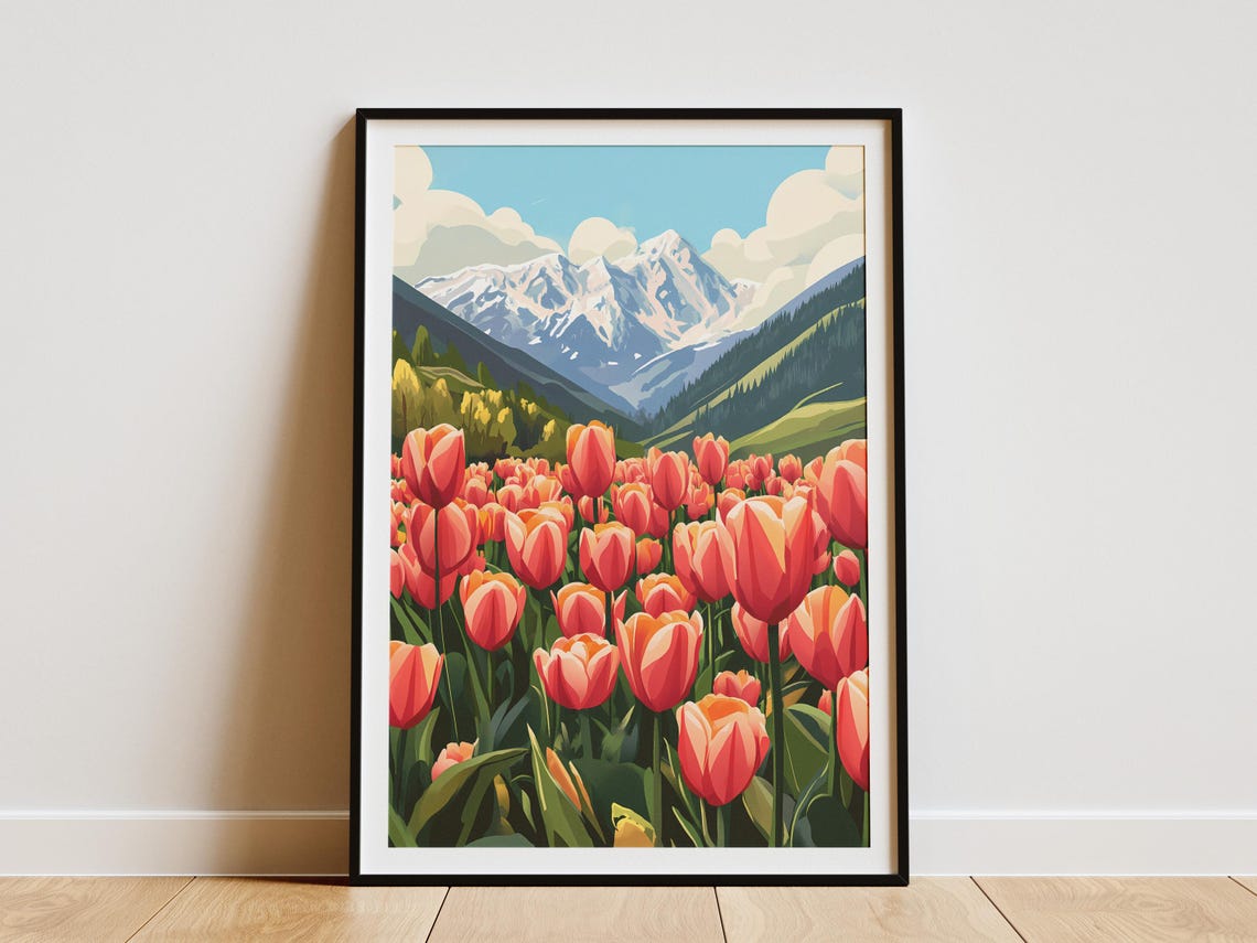 Red Tulip Field Snow Capped Mountain Peak Spring Landscape Poster