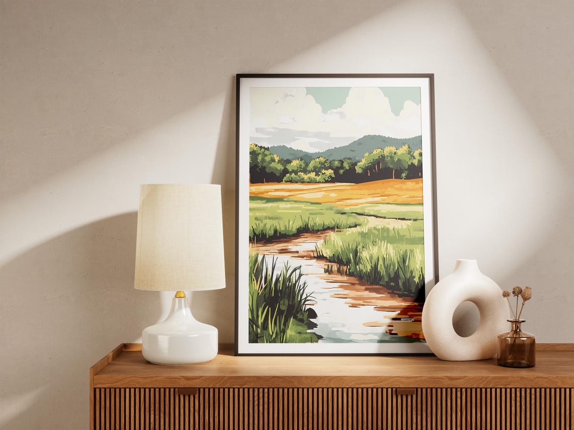 Meadow Stream Flowing Through Green Fields Pastoral Landscape Poster - Image 5