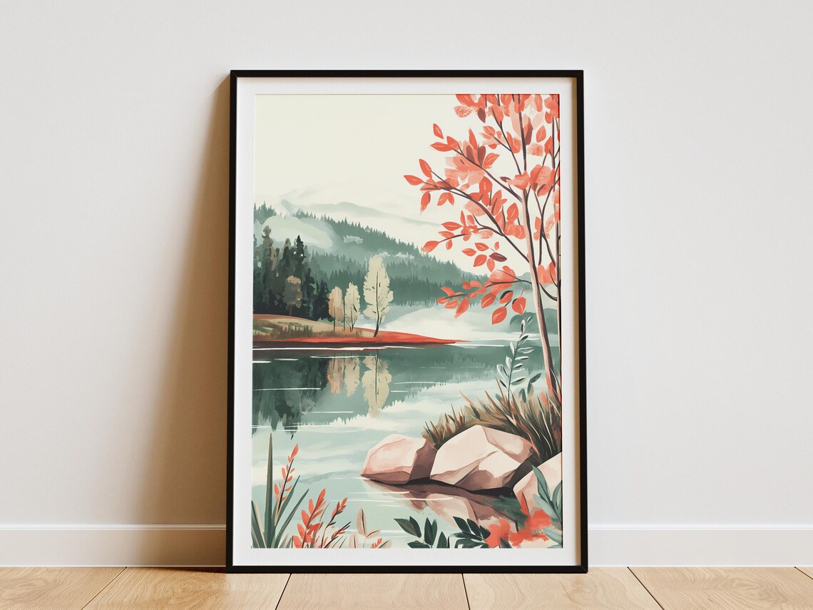 Foggy Autumn Lake Red Foliage Trees Misty Mountain Art Poster