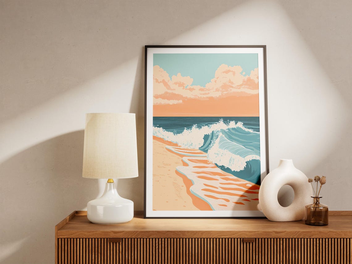 Curling Teal Wave and White Seafoam on Golden Sand Beach Poster - Image 5