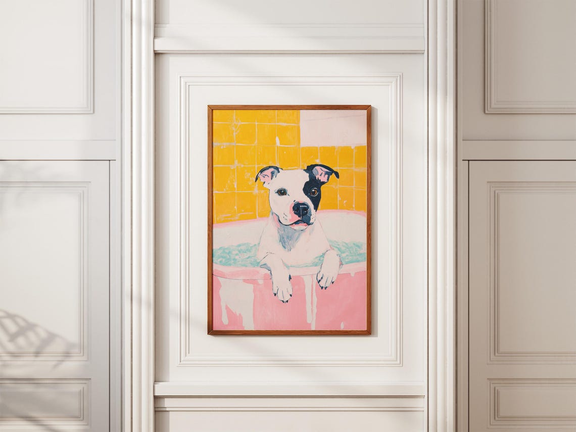 Staffordshire Bull Terrier Bath Time Dog Art Print Pink Bathtub Puppy Painting Yellow Bathroom Wall Cute Canine Poster Modern Pet Portrait - Image 2