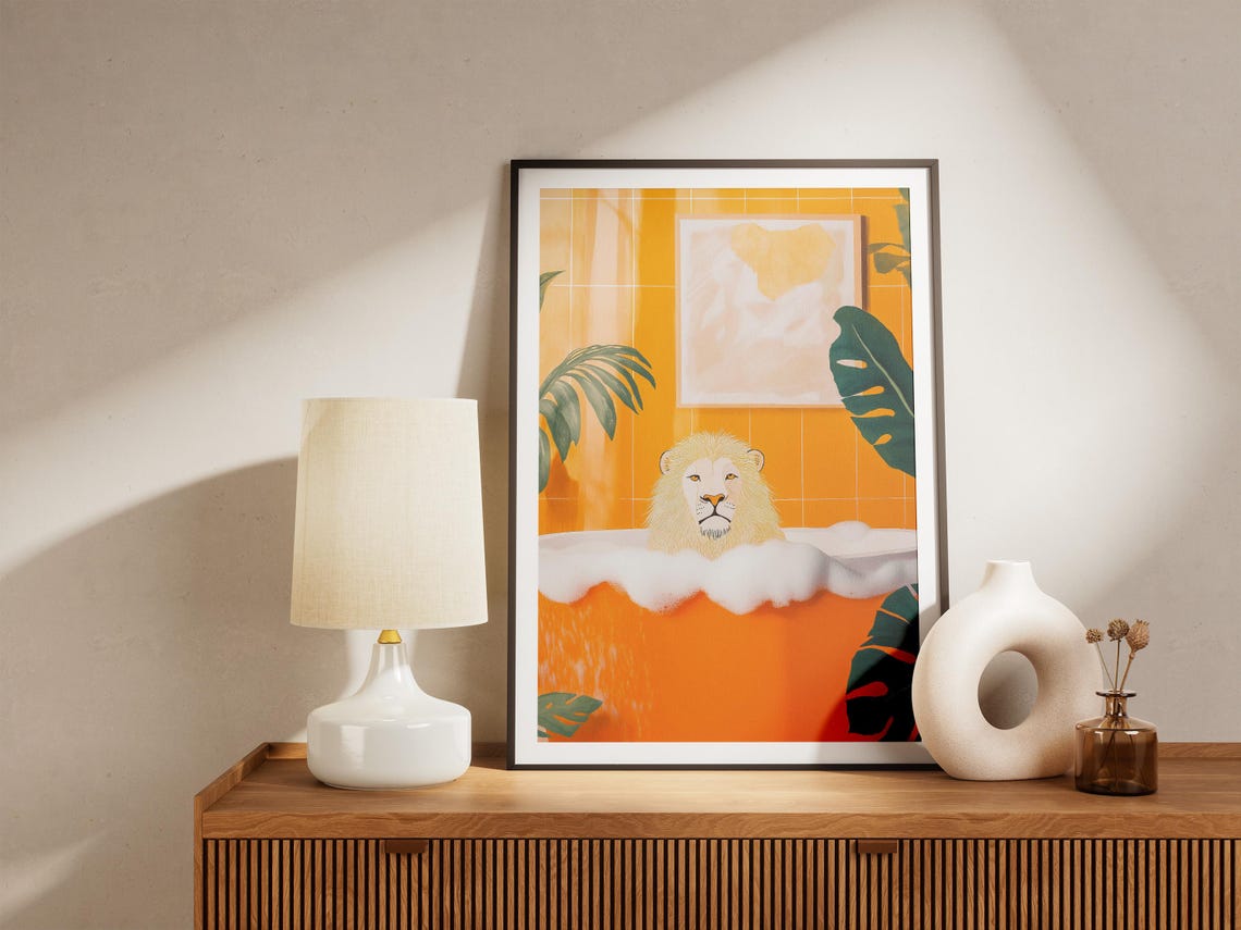 White Lion In An Orange Bubble Bath Tropical Bathroom Poster - Image 5