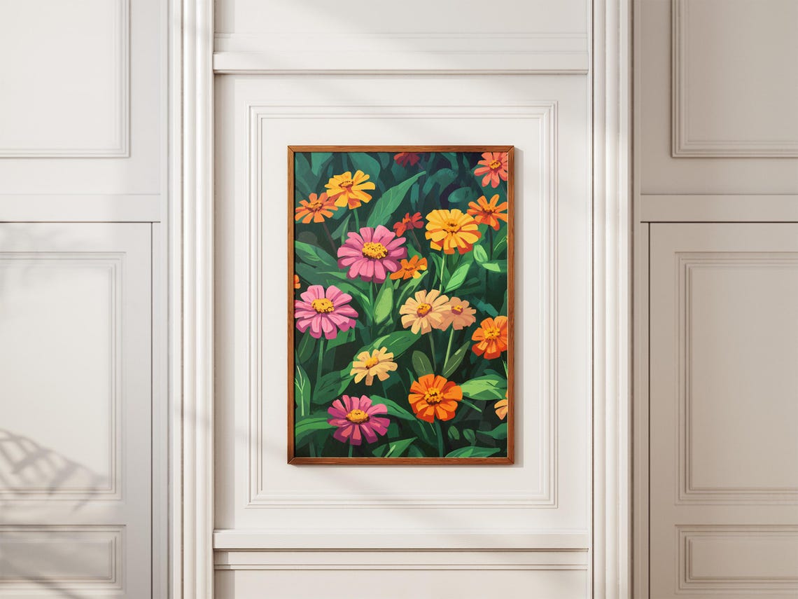 Vibrant Zinnia Garden Pink Orange Summer Blooms Floral Poster - Image 2