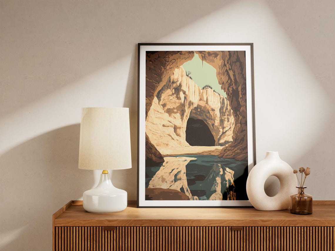 Sunlit Cavern Arch Reflected in Still Cave Water Landscape Poster - Image 5