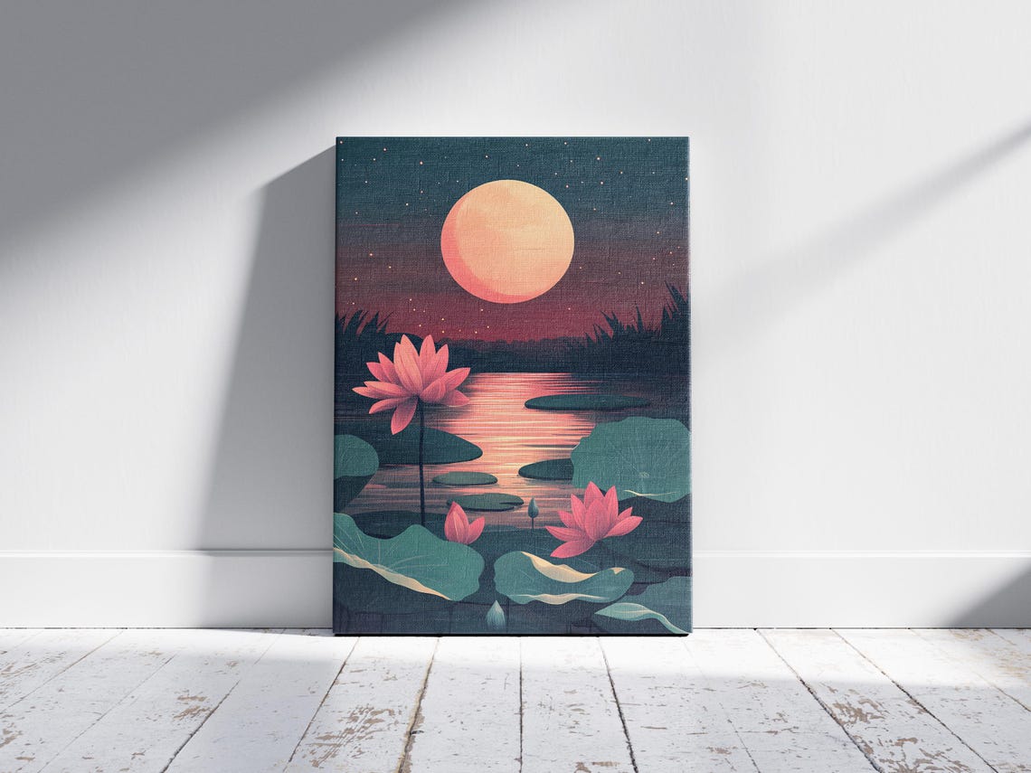 Full Moon Lotus Pond Night Pink Blossoms Zen Botanical Art Poster - Image 2