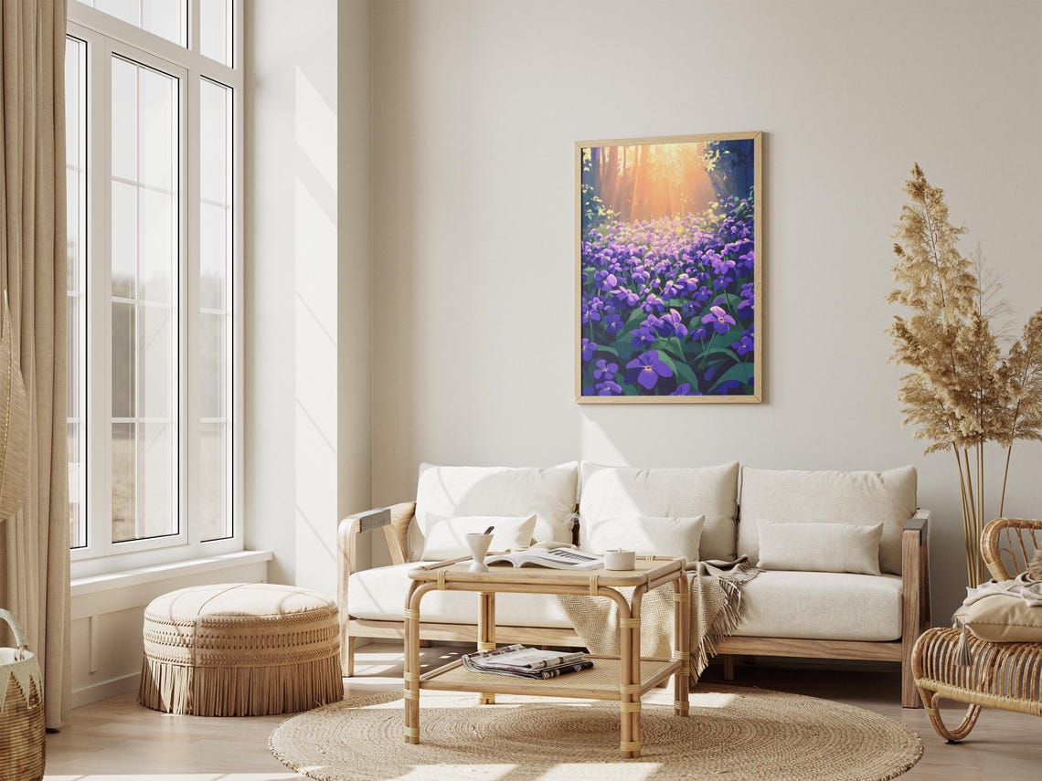 Sunlit Purple Violet Wildflower Clearing in the Forest Art Poster - Image 4