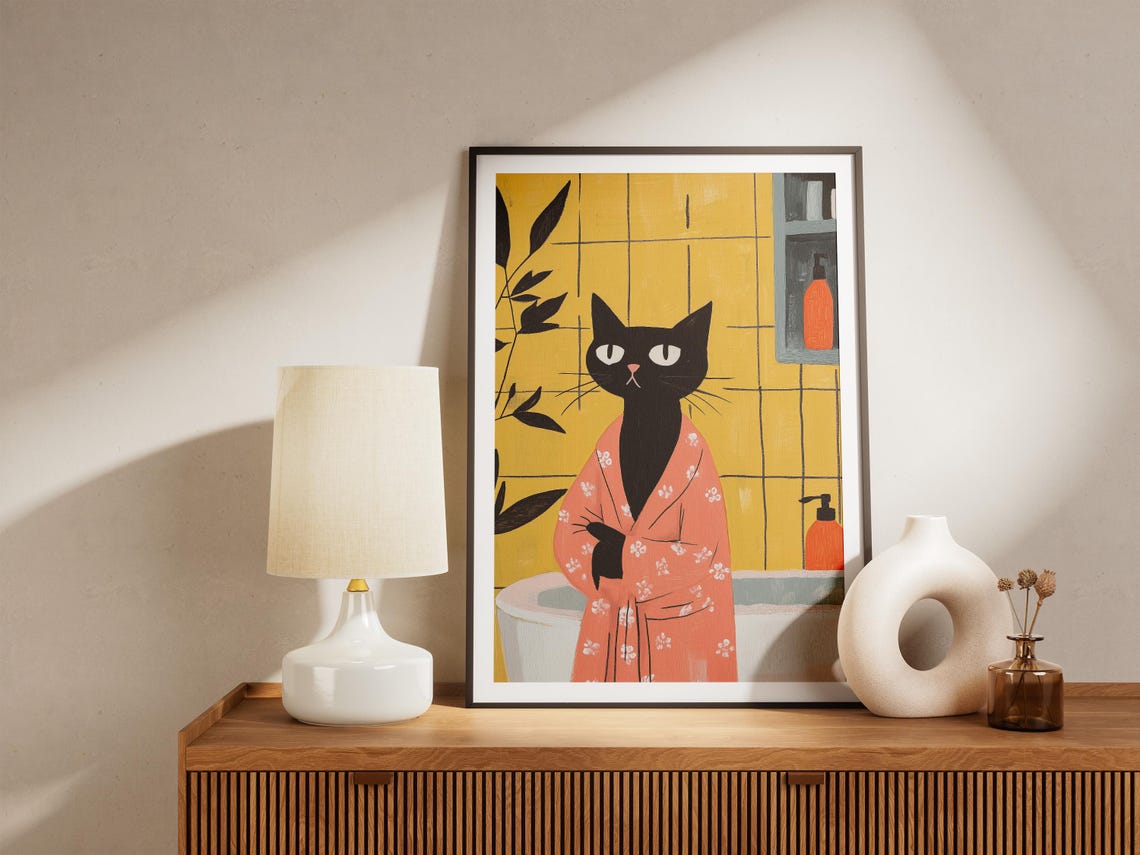 Black Cat Floral Bathrobe Mustard Yellow Tile Bathroom Art Poster - Image 4