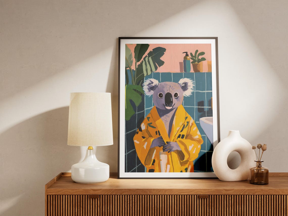 Cute Koala in Yellow Bathrobe Colorful Bathroom Humor Art Poster - Image 5