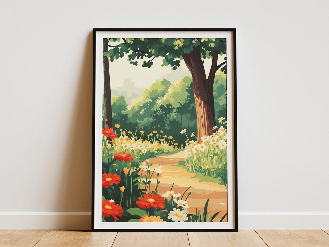 Sunny Summer Wildflower Garden Path Cheerful Landscape Poster