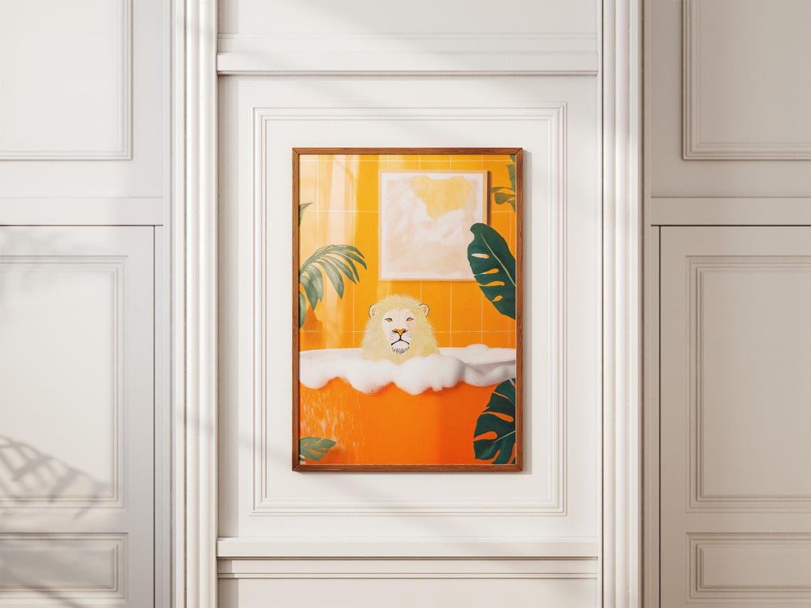 White Lion In An Orange Bubble Bath Tropical Bathroom Poster - Image 2