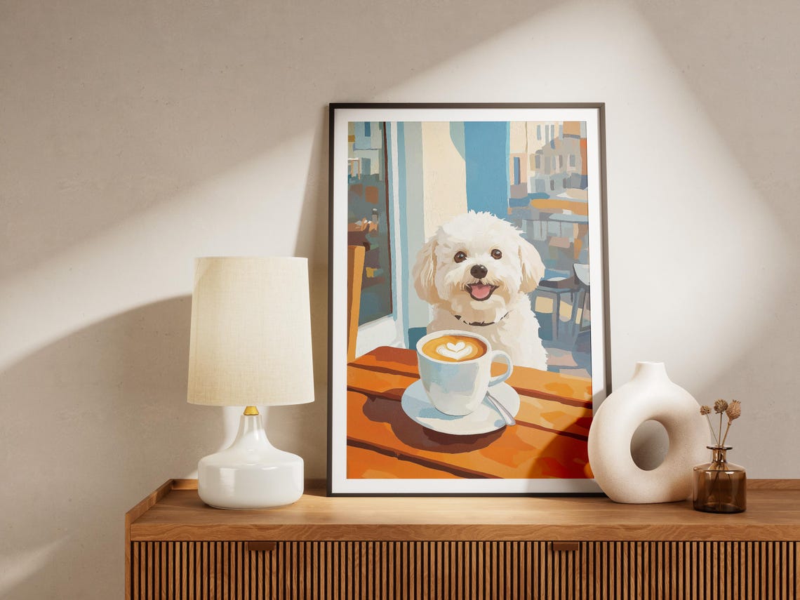 Happy White Maltese Dog with Heart Latte Art at a Cafe Table Poster - Image 4