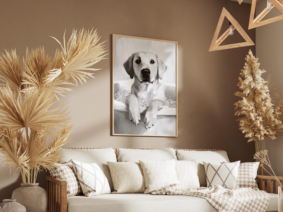 Yellow Labrador in Bubble Bath Black and White Cute Dog Decor Poster - Image 3