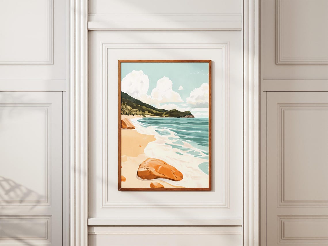 Turquoise Wave Beach Orange Boulder Green Headland Scene Poster - Image 2