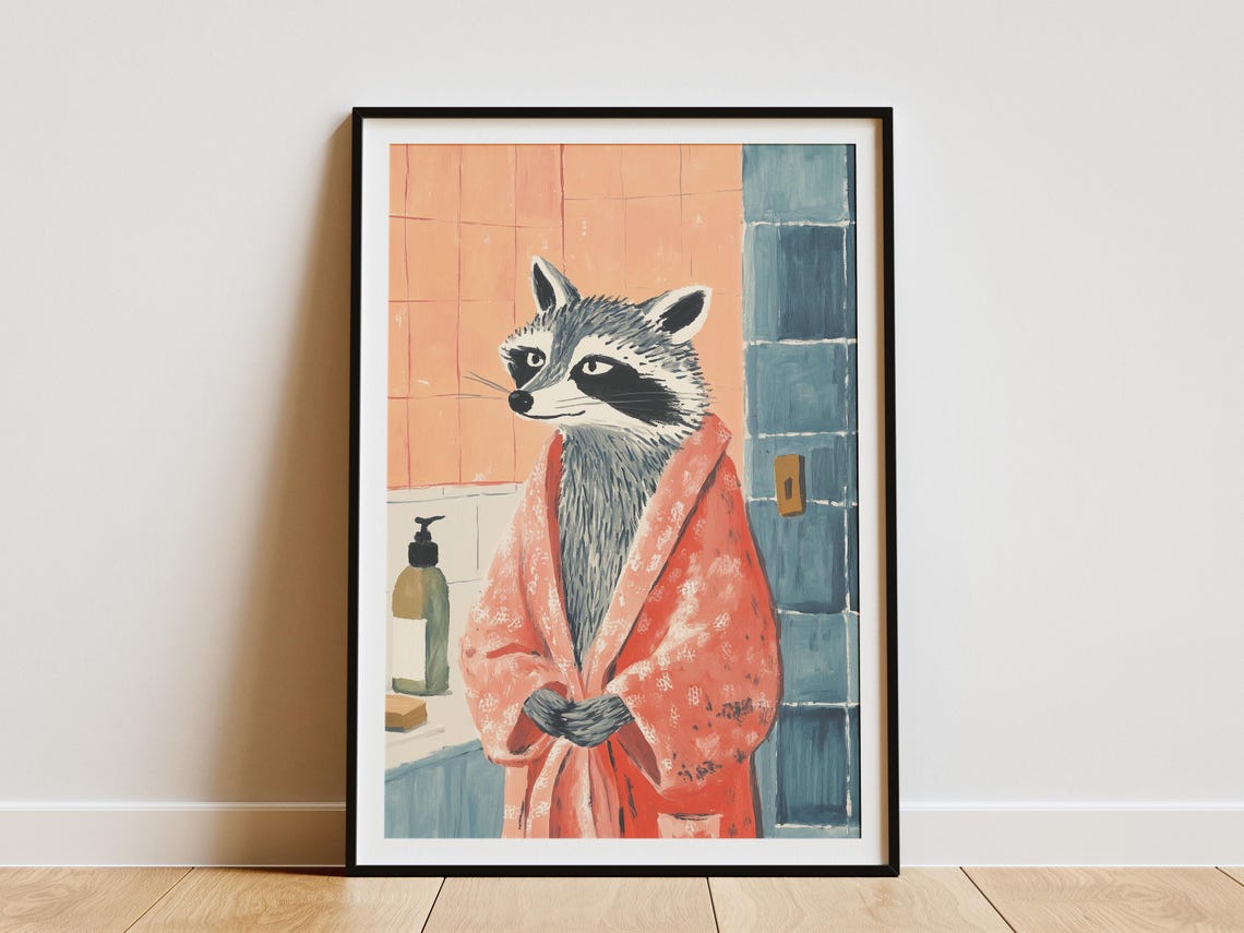 Raccoon in a Pink Bathrobe Cute Bathroom Animal Art Wall Poster