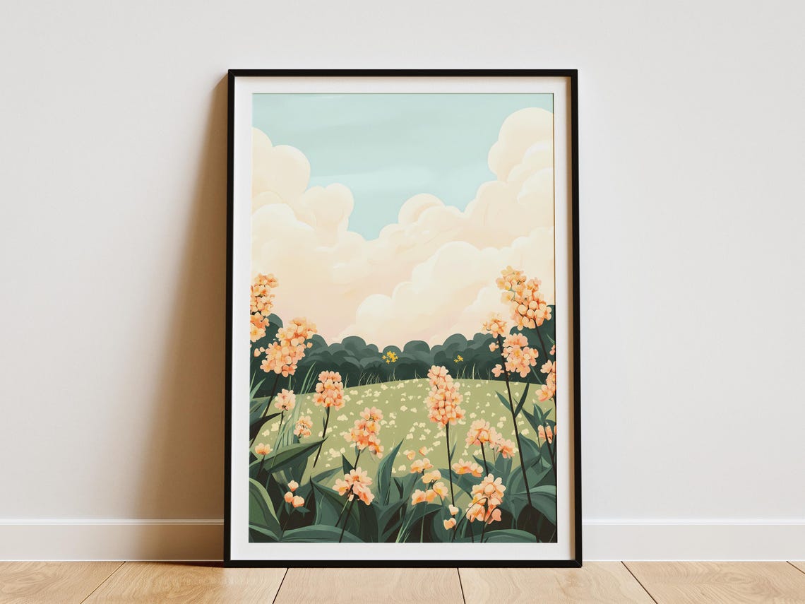 Peach Blossom Meadow Soft Cloud Sky Dreamy Botanical Flower Poster