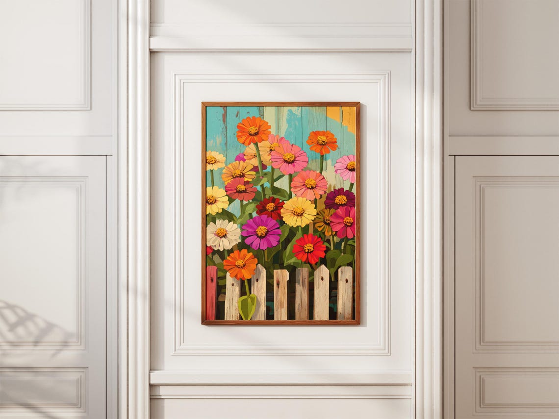Rainbow Zinnias Over Rustic Picket Fence Cheerful Cottage Poster - Image 2