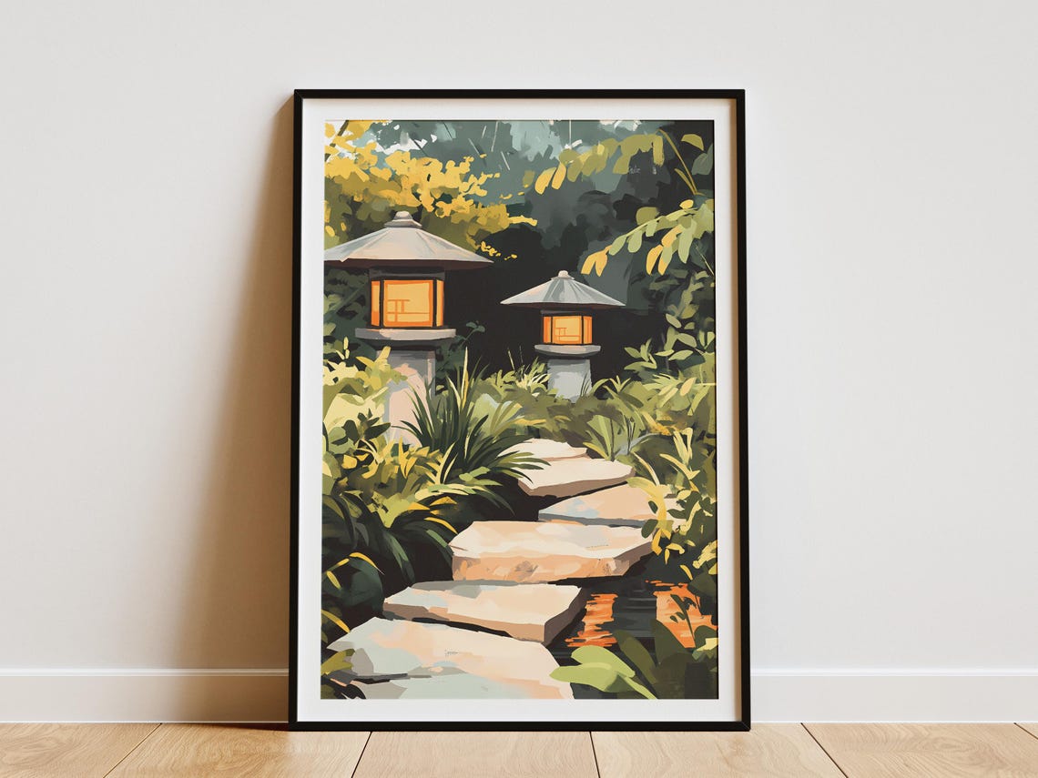 Glowing Stone Lanterns Along a Japanese Garden Stone Path Poster