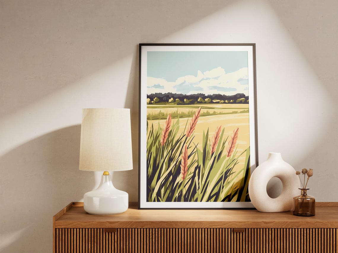 Golden Marsh with Tall Reeds and a Distant Dark Tree Line Poster - Image 5