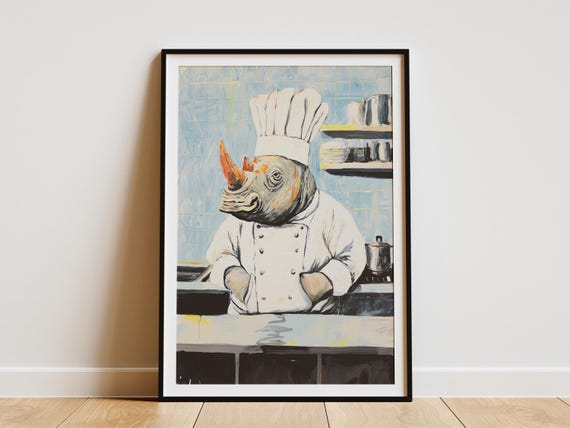 Rhino Chef Poster Funny Kitchen Art Print Animal Quirky Home Decor Hat Cooking Unique Gift Restaurant