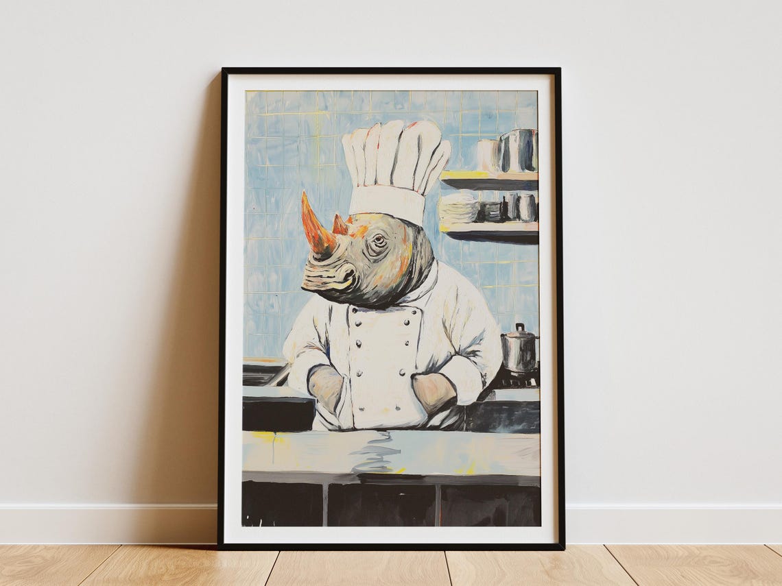 Rhino Chef Poster Funny Kitchen Art Print Animal Quirky Home Decor Hat Cooking Unique Gift Restaurant