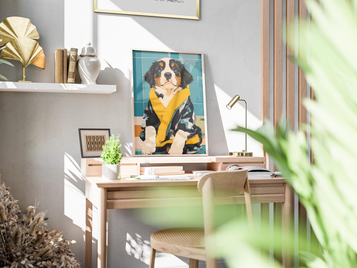 Bernese Mountain Dog Puppy In Bathrobe Art Print Cute Poster Lover Gift Robe Wall Decor Bathroom - Image 2
