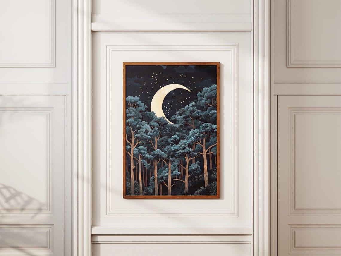 Pine Forest Crescent Moon Poster Forest Art Print Nature Wall Art Home Decor Celestial Art Night Sky Tree Print Landscape Art Gift - Image 2